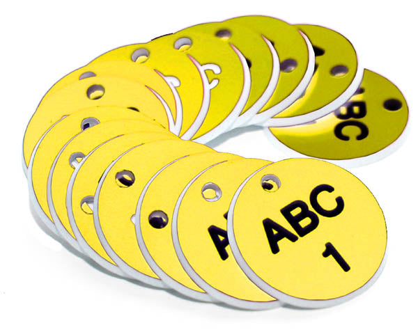 38mm Engraved Valve Tags - 50 sequential numbers - (eg. 1-50) Black text on yellow