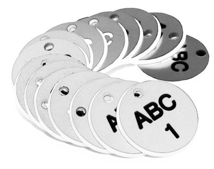 27mm Engraved Valve Tags - 50 sequential numbers with prefix - (eg. 1-50) Black text on white