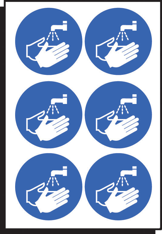 Wash hands symbol 65mm dia - sheet of 6
