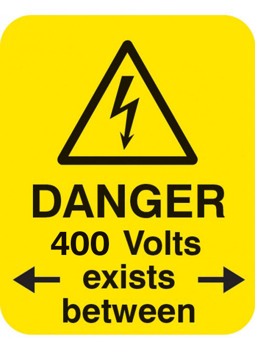 Danger 415 volts <-exists between-> Sheet of 25 labels 40x50mm