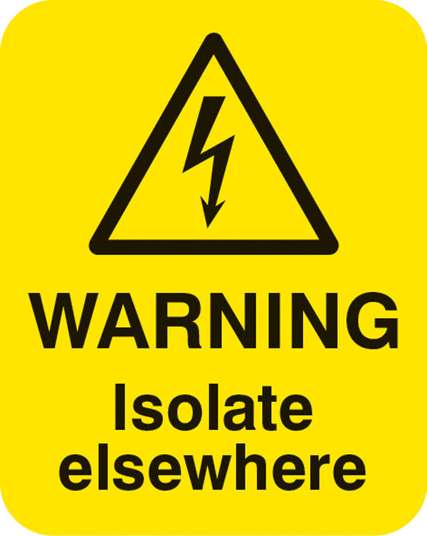 Danger isolate elsewhere Sheet of 25 labels 40x50mm