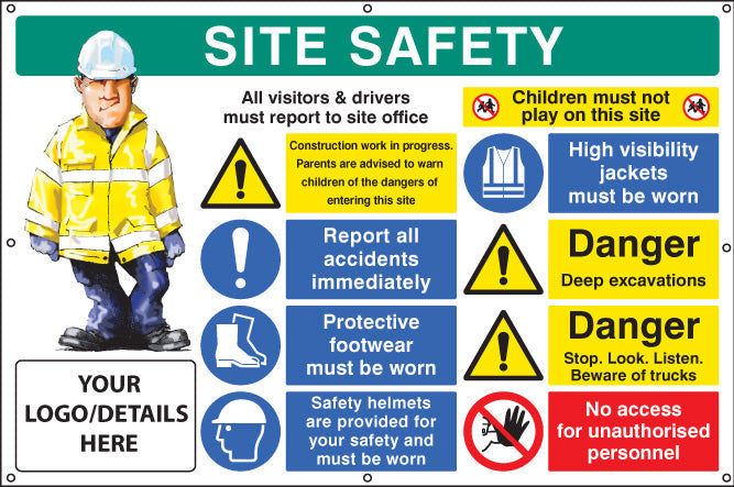 Site safety, multi-message, deep excavations, custom banner c/w eyelets 1270x810mm
