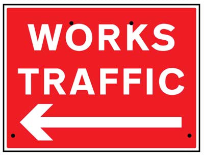 Works traffic arrow left, 600x450mm Re-Flex Sign (3mm reflective polypropylene)