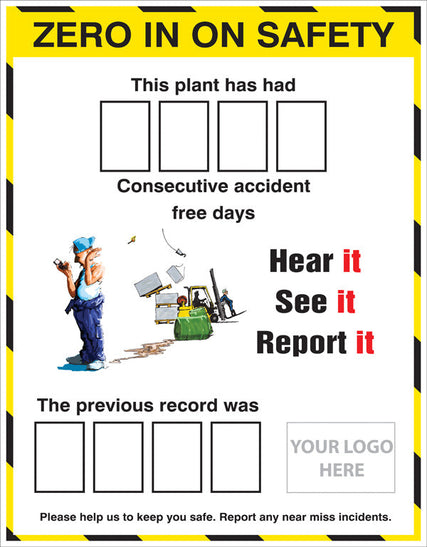 Zero in on safety accident board with 2 sets of numbers c/w logo 700x900