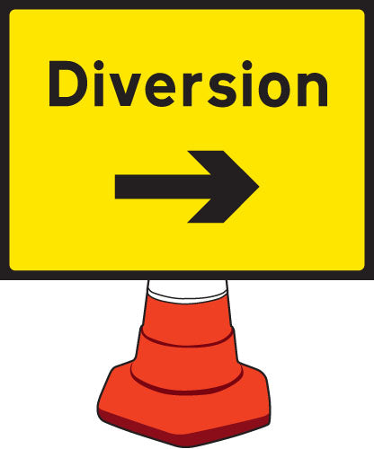 Diversion right cone sign 600x450mm