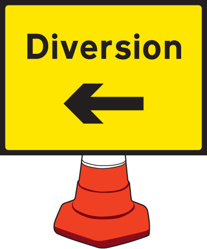 Diversion left cone sign 600x450mm