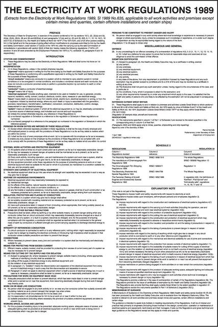 Electricity at work regulations 1989 poster