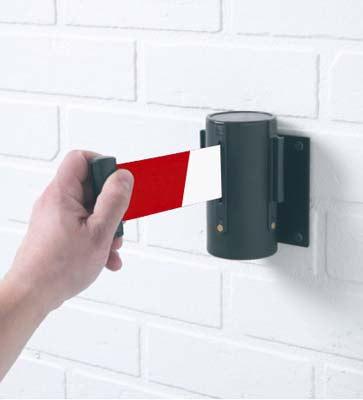 Wall mounted retractable barrier 3m red/white webbing 50mm wide c/w screw in wall clip