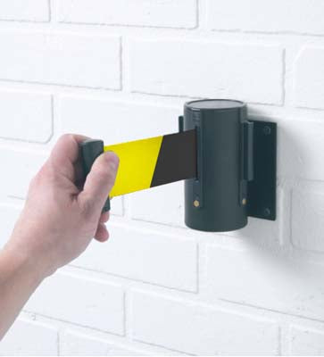 Wall mounted retractable barrier 3m black/yellow webbing 50mm wide c/w screw in wall clip