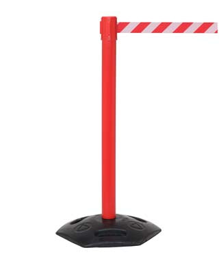 Retractable industrial barrier on red post (3.4m red/white webbing) 1015mm high post