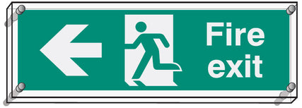 Fire exit left visual impact 5mm acrylic sign 450x150mm c/w stand off locators