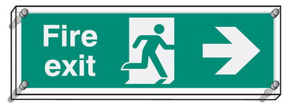 Fire exit right visual impact 5mm acrylic sign 450x150mm c/w stand off locators