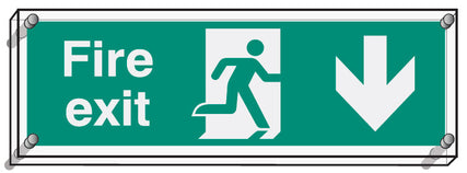 Fire exit down visual impact 5mm acrylic sign 450x150mm c/w stand off locators