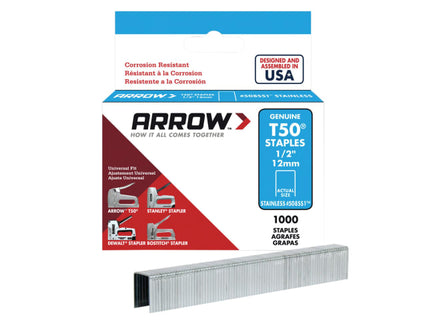 T50 Staples Stainless Steel 508SS 12mm (1/2in) Box 1000