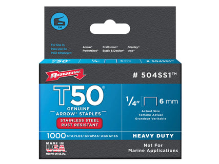 T50 Staples Stainless Steel 504SS 6mm (1/4in) Box 1000