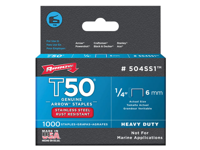 T50 Staples Stainless Steel 504SS 6mm (1/4in) Box 1000
