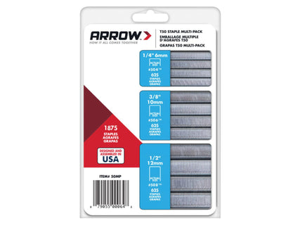 T50 Staples Multi Pack 6mm  10mm & 12mm Box 1875 (3 x 625)