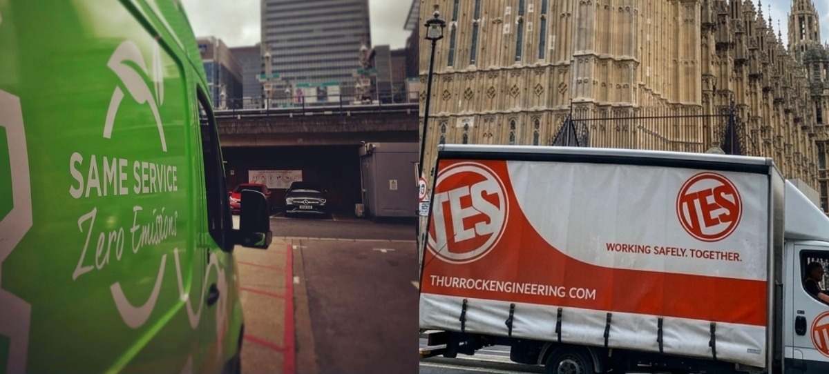 A TES electric delivery van in Same Service, Zero Emissions livery, and a TES curtain-side lorry passing the Houses of Parliament in central London