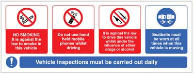 Vehicle sticker - no smoking, mobile phone, drink/drugs - wear seatbelt