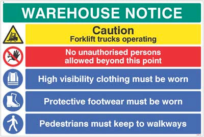 Warehouse Safety Caution forklift trucks, hivis, boots must be worn …