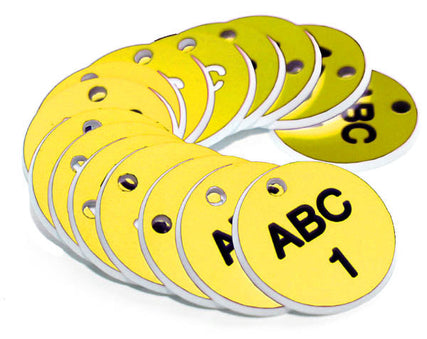 27mm Engraved Valve Tags - 50 sequential numbers - (eg. 1-50) Black text on yellow