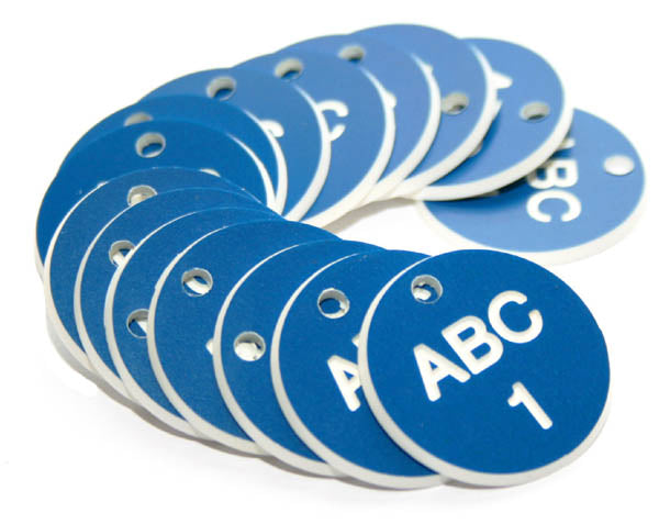 38mm Engraved Valve Tags - 50 sequential numbers - (eg. 1-50) White text on blue