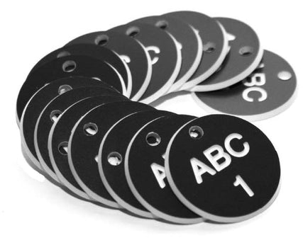 27mm Engraved Valve Tags - 50 sequential numbers with prefix - (eg. 1-50) White text on black