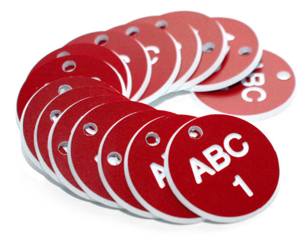 27mm Engraved Valve Tags - 50 sequential numbers with prefix - (eg. 1-50) White text on red
