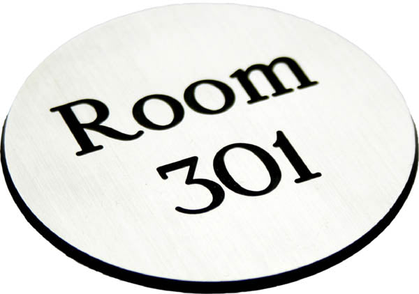 Engraved Sign with adhesive backing - 95mm dia Black text on white