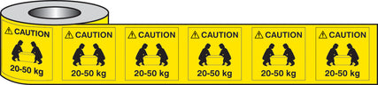 Lifting labels caution 20-50kg roll of 500 50x50mm