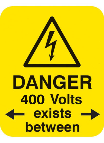 Danger 415 volts <-exists between-> Sheet of 25 labels 40x50mm