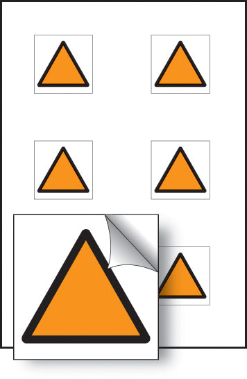 Orange triangle vibration safety 25x25mm - sheet of 6 self adhesive