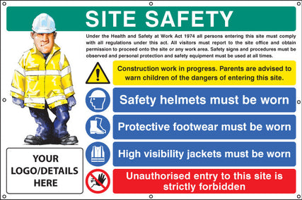 Site safety, helmets, footwear, hi vis, unauthorised entry, custom banner c/w eyelets 1270x810mm