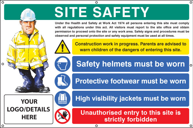Site safety, helmets, footwear, hi vis, unauthorised entry, custom banner c/w eyelets 1270x810mm