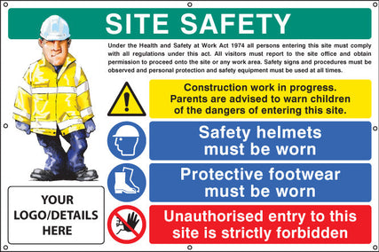 Site safety, helmets, footwear, unauthorised entry custom banner c/w eyelets 1270x810mm