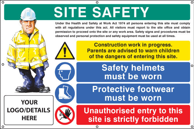 Site safety, helmets, footwear, unauthorised entry custom banner c/w eyelets 1270x810mm