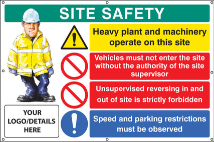 Site safety, heavy plant, vehicle access, reversing, speed, custom banner c/w eyelets 1270x810mm