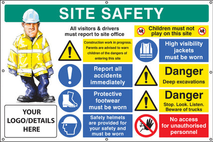 Site safety, multi-message, deep excavations, custom banner c/w eyelets 1270x810mm