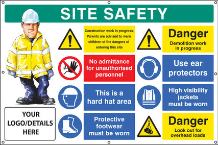 Site safety, multi-message, demolition work, custom banner c/w eyelets 1270x810mm