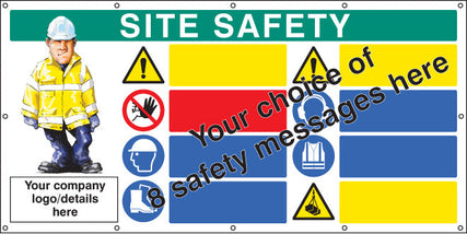 Site safety, multi-message, design your own custom banner c/w eyelets 1270x2440mm