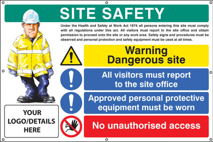 Site safety, dangerous site, visitors, PPE, access, custom banner c/w eyelets 1270x810mm