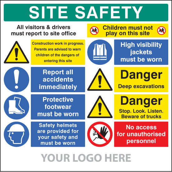 Site safety board, multi-message, deep excavations, site saver sign 1220x1220mm