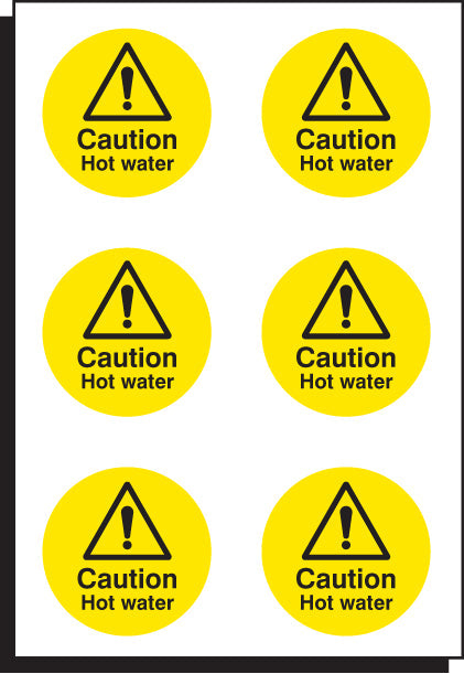 Caution hot water 65mm dia - sheet of 6
