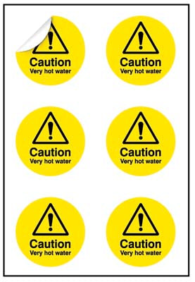 Caution Very hot water 65mm dia - sheet of 6