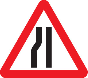 Road narrows left side class R2 Permanent 600mm Tri (3mm aluminium composite)
