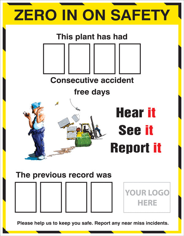 Zero in on safety accident board with 2 sets of numbers c/w logo 700x900