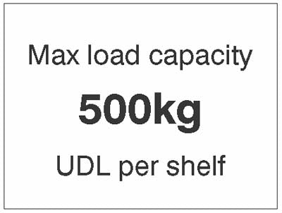 Max load capacity 500kg UDL per shelf, 100x75mm magnetic PVC