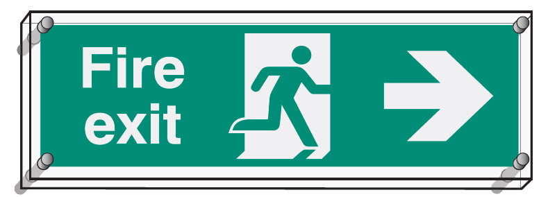 Fire exit right visual impact 5mm acrylic sign 450x150mm c/w stand off locators