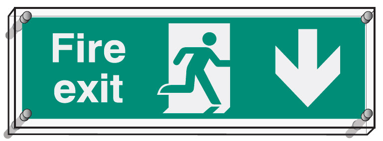 Fire exit down visual impact 5mm acrylic sign 450x150mm c/w stand off locators