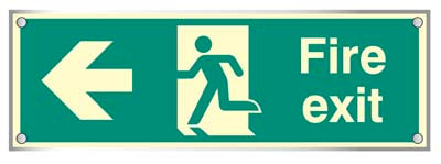 Fire exit left visual impact 5mm acrylic photoluminescent sign 450x150mm c/w stand off locators